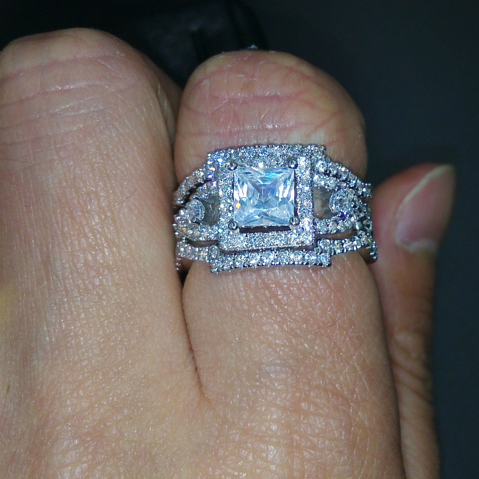 Vintage Princess Cut Sterg Sier Wedding Engagement Band Ring with Simulated Dias