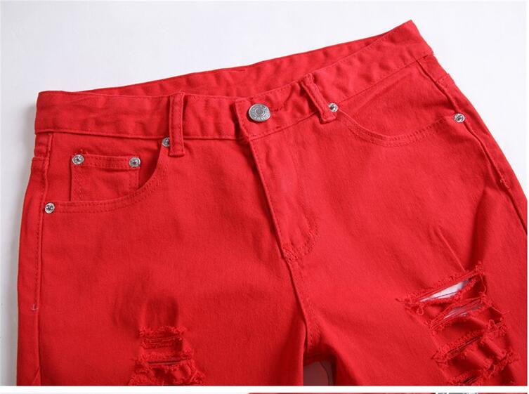 2016 New Red Ripped Knee Hole Club Jeans Men Famous Brand Slim Fit Cut Destroyed Torn Jean Pants For Male Homme