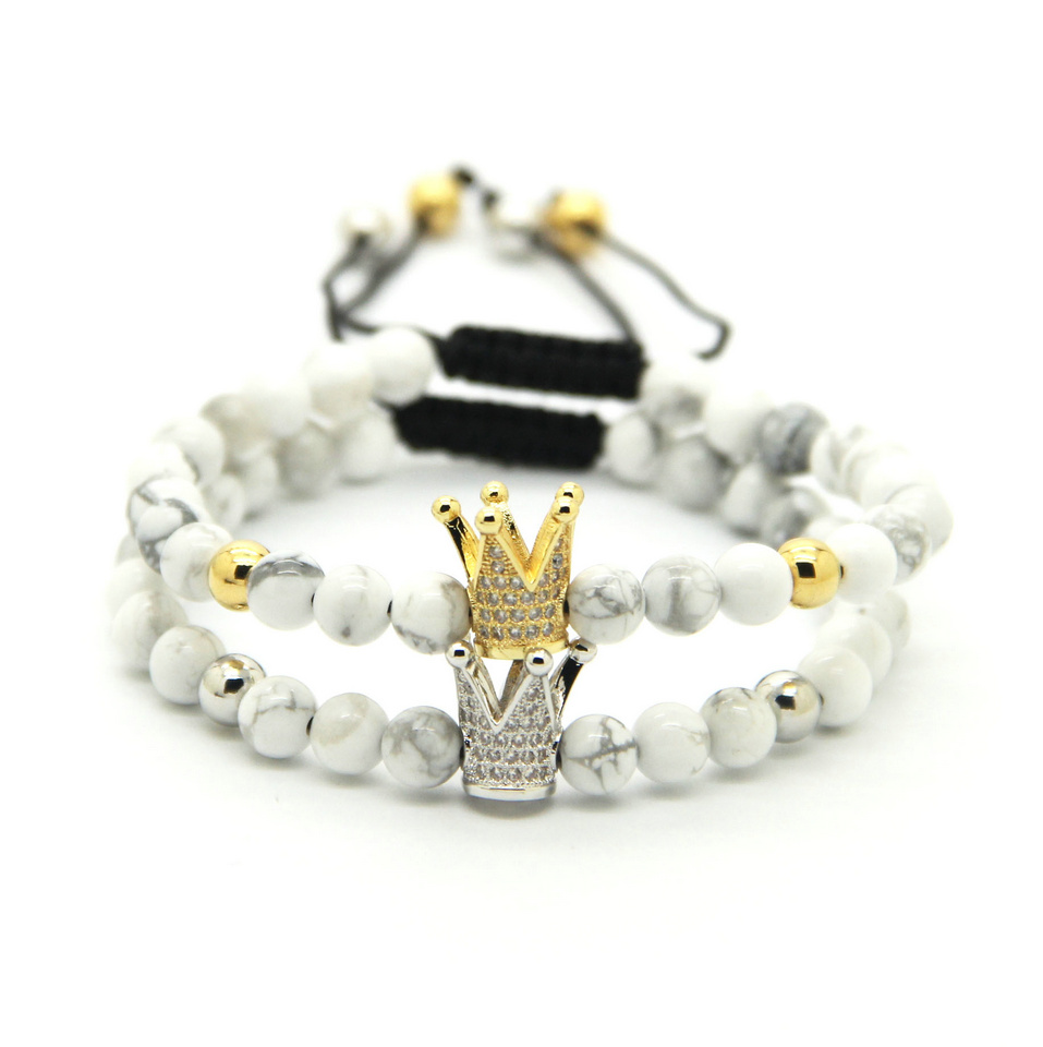 Wholesale 6mm White Howlite Marbel Sediment Stone Beads Gold and Platinum Crown Braided CZ beads Bracelet
Wholesale 6mm White Howlite Marbel Sediment Stone Beads Gold and Platinum Crown Braided CZ beads Bracelet