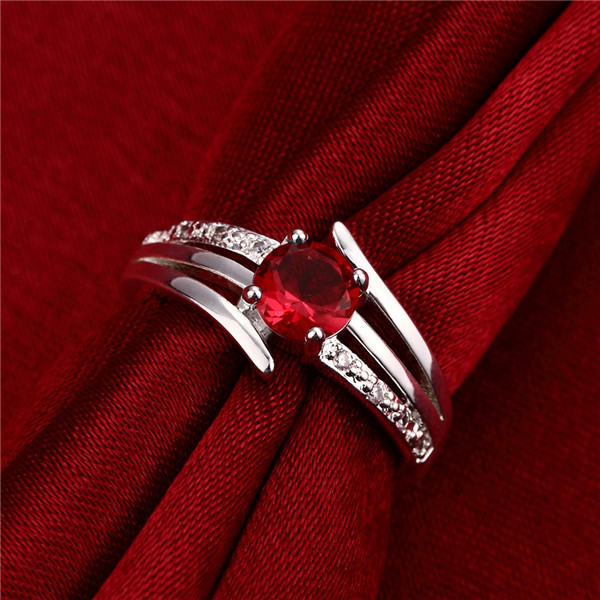 Hot sale Full Diamond fashion Driving three lines 925 silver Ring STPR055B brand new red gemstone sterling silver plated finger rings