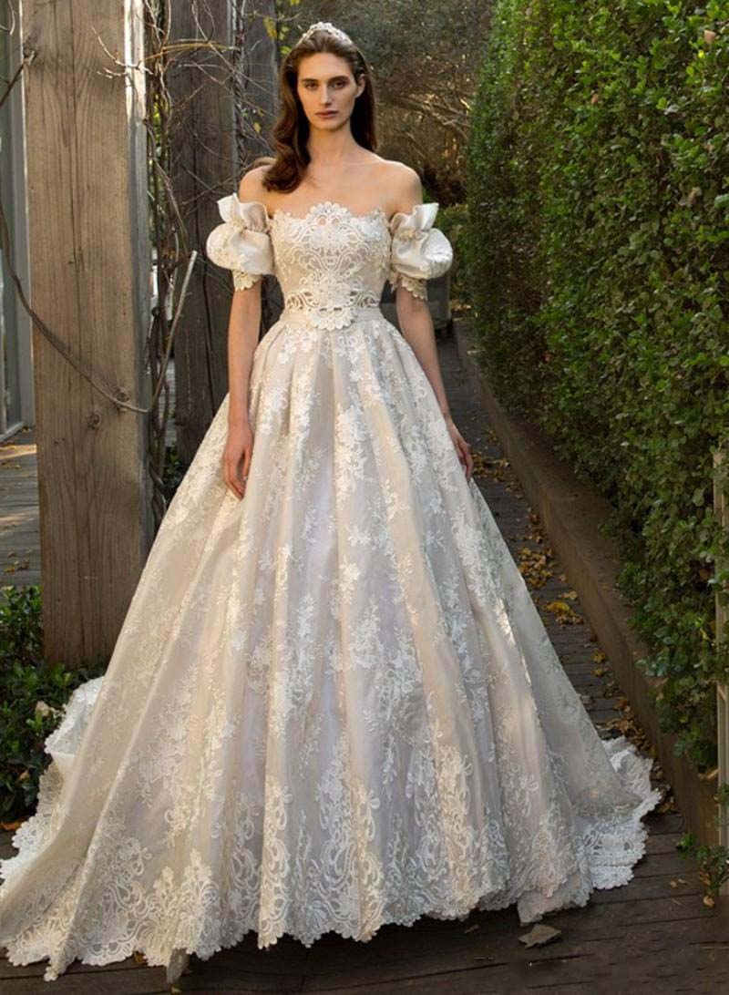 Fairy Lace Wedding Dresses Off Shoulder Juliet Short Sleeve a Line Bridals Gowns Sexy Backless Sweep Train Wedding Dresses With Bow