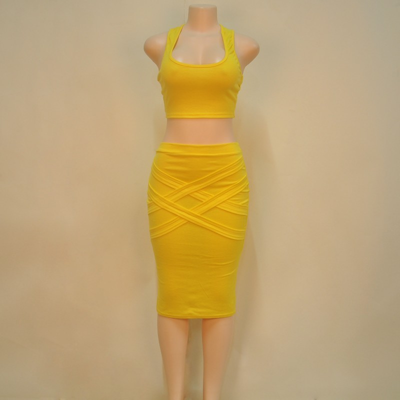 2017 Two Piece Dress Bandage Bodycon Sundress Sexy Party Dresses White Red Black Yellow Vestidos 2 Piece Set Women Summer Dress q1110