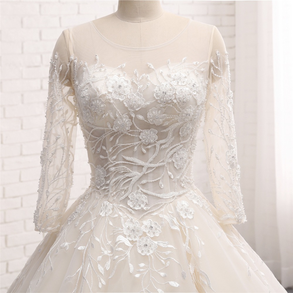 Vintage New Princess Ball Gown Wedding Dresses Long Sleeves See Through Lace Up Back Beaded 3D Floral Tulle robe de mariage