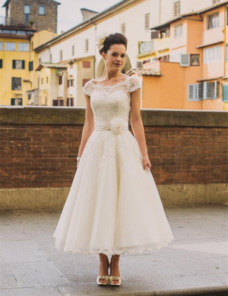 New Vintage Design Ankle Length Wedding Dresses Cap Sleeve Flower Belt Lace Short Bridal Gowns Vestidos de Novia Custom W028, Ivory
New Vintage Design Ankle Length Wedding Dresses Cap Sleeve Flower Belt Lace Short Bridal Gowns Vestidos de Novia Custom W028, Ivory