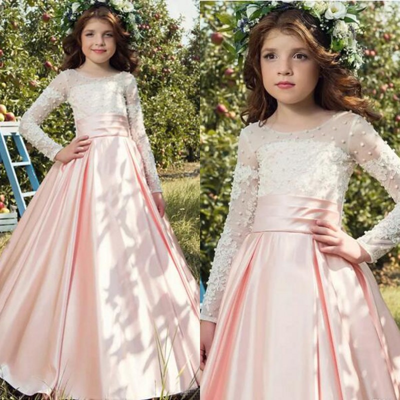 2017 Modest Ivory Lace Blush Satin Flower Girls Dresses For Weddings With Long Sleeve Pearls Ruched Formal Gowns Custom Made EN83011, Pink
2017 Modest Ivory Lace Blush Satin Flower Girls Dresses For Weddings With Long Sleeve Pearls Ruched Formal Gowns Custom Made EN83011, Pink
