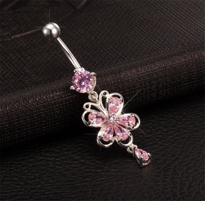 Factory Supply White Gold Plated Cubic Zircon Flower Body Piercing Belly Ring for Girls Women for Belly Dance