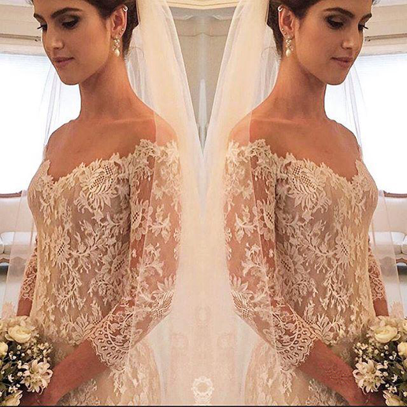 Western Style Popular Wedding Dresses V Neck 3/4 Long Sleeves Wedding Gowns Illusion Sweep Train Lace And Tulle Custom Made Bridal Dress