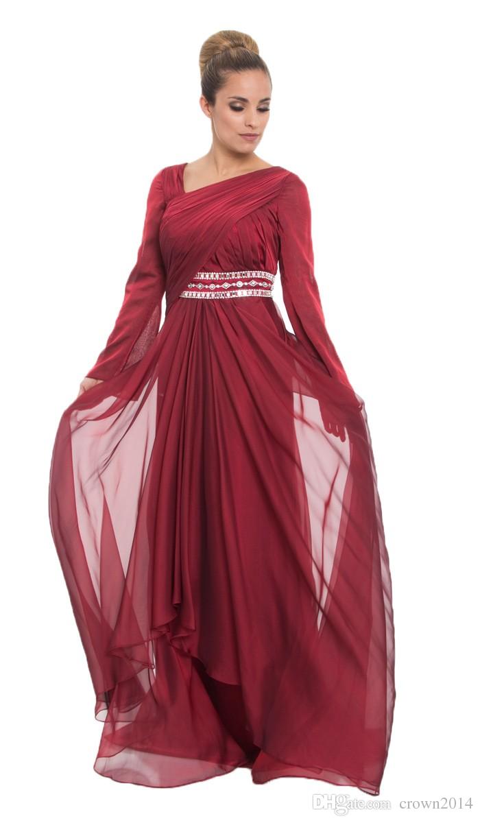 Burgundy Chiffon Formal Long Maxi Lace Appliques Evening Dresses With Hijab Long Sleeve 2022 Beaded Pleated Layered Ruffle Arabic Muslim Dre