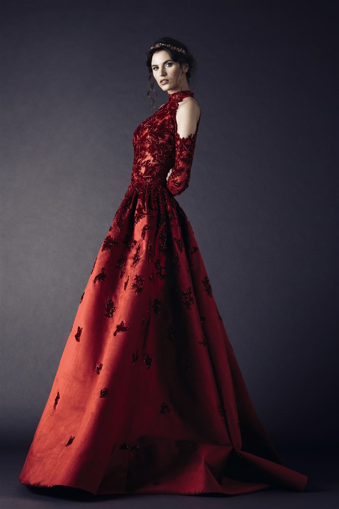Red Long Rami Kadi Evening Dresses Delicate Beaded High Neck Prom Dress Long Sleeves Floor Length Formal Evening Gowns