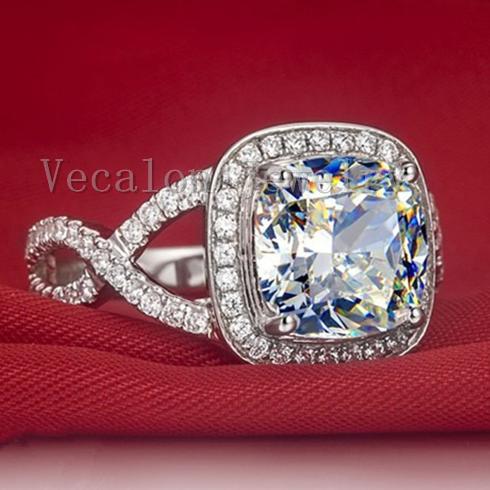 Vecalon Cushion cut 3ct Simulated diamond Cz Engagement Wedding Band ring for Women 10KT White Gold Filled Female Finger ring