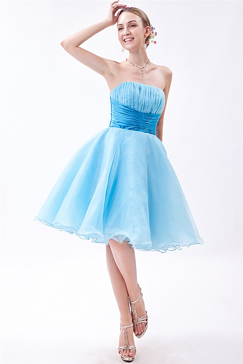 2017 Sexy Strapless Sky Blue Ball Gown Homecoming Dress With Pleat Organza Knee-Length Graduation Prom Party Gown BH14