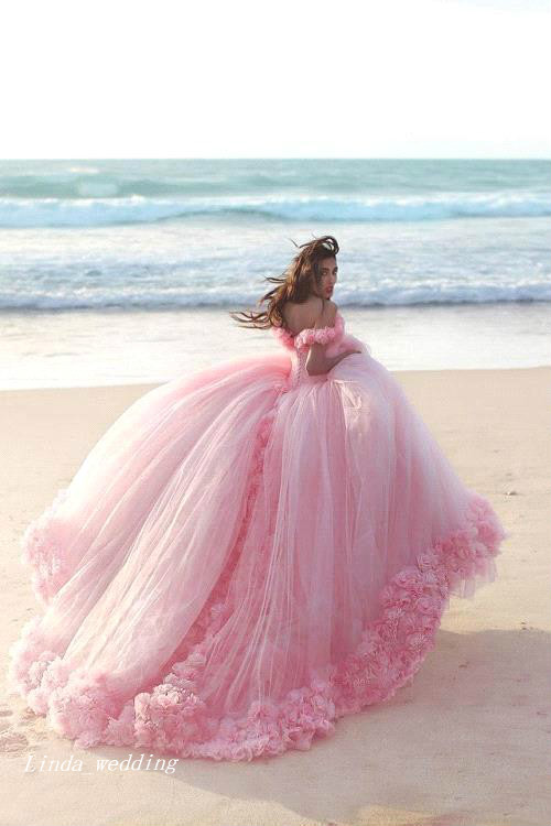 New Arrival Romantic Pink Wedding Dresses Puffy Ball Gown Off The Shoulder Backless Long Dream Princess Bridal Party Gowns