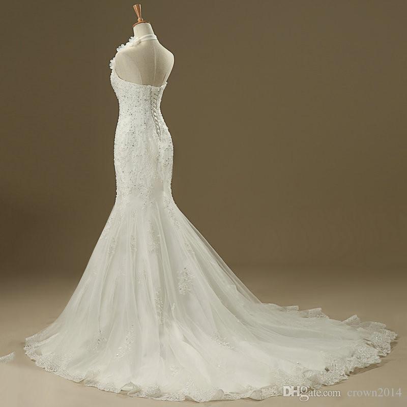 2022 Halter Mermaid Lace Wedding Dresses Beaded Appliques 3D Flowers Lace up Court Train Bridal Wedding Gowns