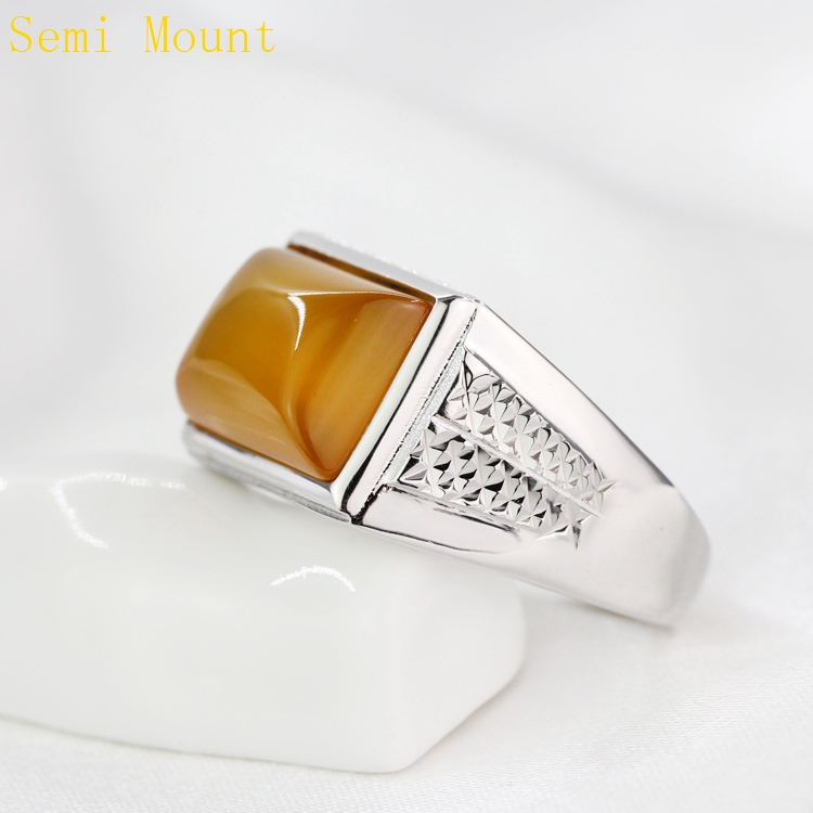 925 Sterling Silver Engagement Wedding Men Ring Semi Mount Ring for 10x14mm 11x15mm Princess Cabochon Amber Lapis Lazuli DIY Stone Setting
