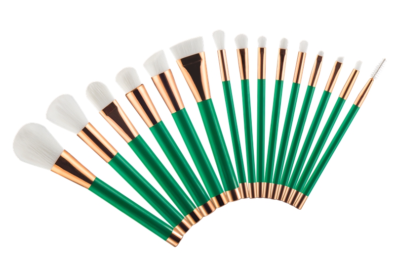 15 pcs set makeup brush, white brush with green handle, pink brush with gold handle, purple brush with black handle, 100 pcs/lot