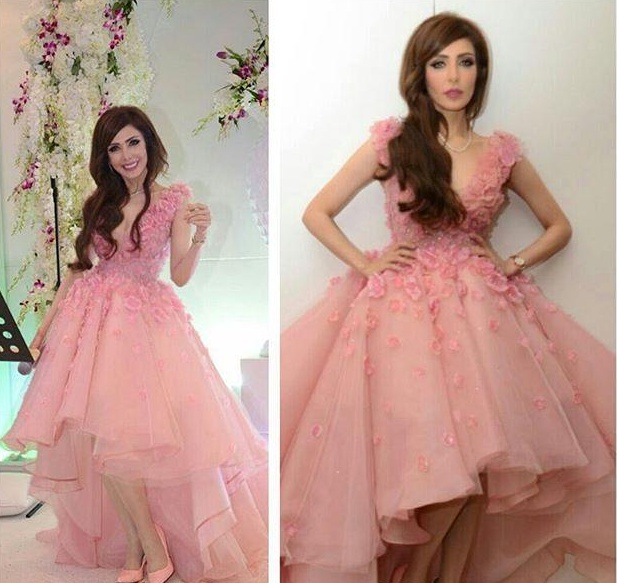 Pink High Low Prom Dress Short Front Long Back Tulle Flowers V Neck Arabic Celebrity Red Carpet Party Evening Dresses