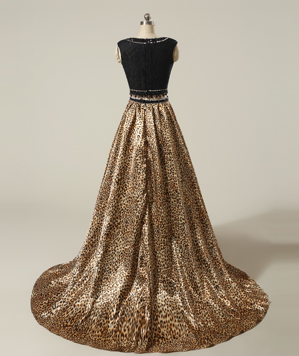Long Leopard Grain Lace Two Piece A-Line Prom Dresses Scoop Beaded Pageant Formal Evening Party Gown