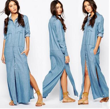 Shirt Dress Women Lapel Side High Split Single Breasted Front Pocket Button Casual Plus Size Straight Jeans Maxi Dress, Blue
Shirt Dress Women Lapel Side High Split Single Breasted Front Pocket Button Casual Plus Size Straight Jeans Maxi Dress, Blue