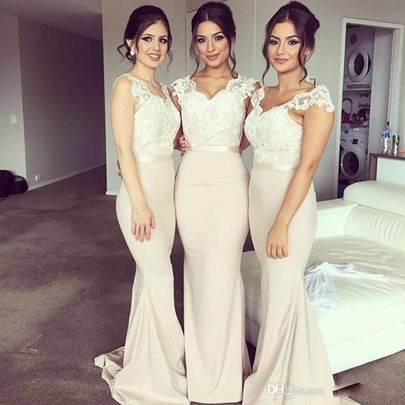Nude Long Chiffon Bridesmaid Dresses For Bridal Cheap Lace V Neck Sheer Cap Sleeve Sweep Train Mermaid Wedding Guest Dress
Nude Long Chiffon Bridesmaid Dresses For Bridal Cheap Lace V Neck Sheer Cap Sleeve Sweep Train Mermaid Wedding Guest Dress