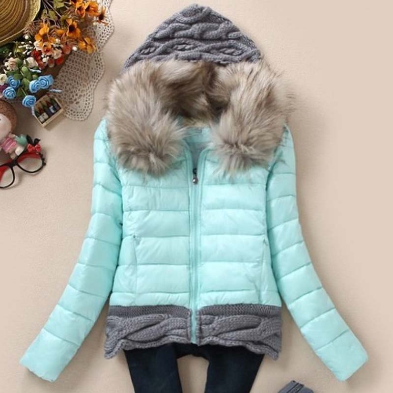 Wholesale- 1PC Winter Jacket Women Winter Coat Cotton Padded Short Jackets Knitted Hood Fur Collar Chaquetas Mujer Jaqueta Feminina Z005