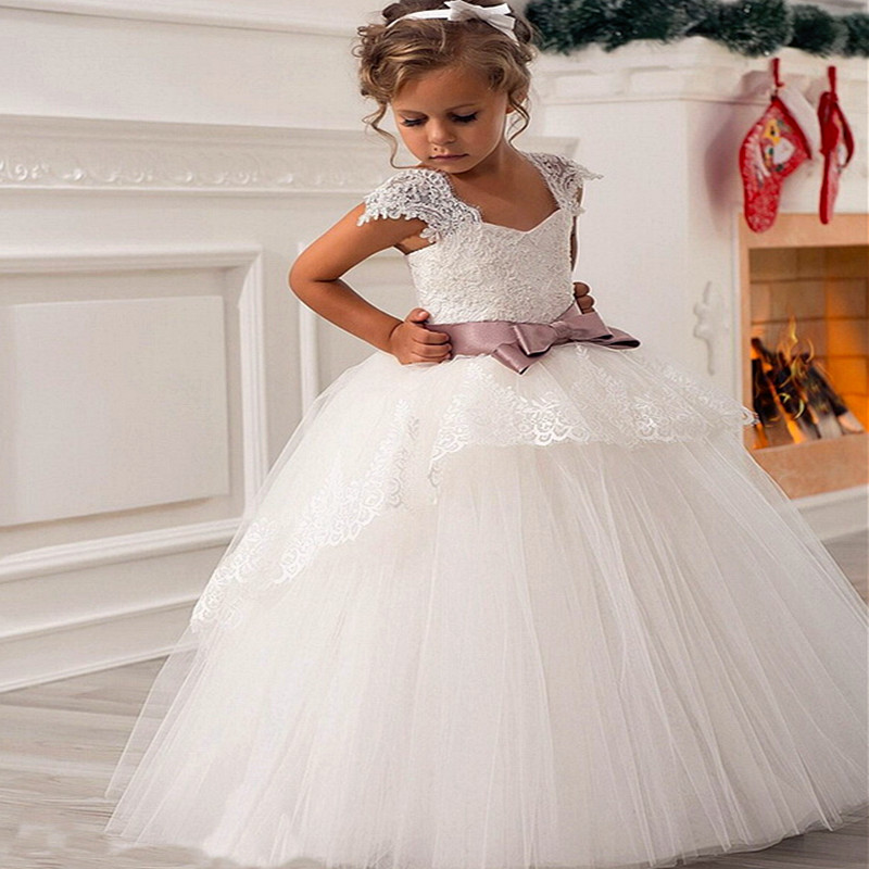 Fashion Flower Girl Dresses Vintage Jewel Sash Lace Net Baby Girl Birthday Party Christmas Communion Dresses Children Girl Party Dresses
