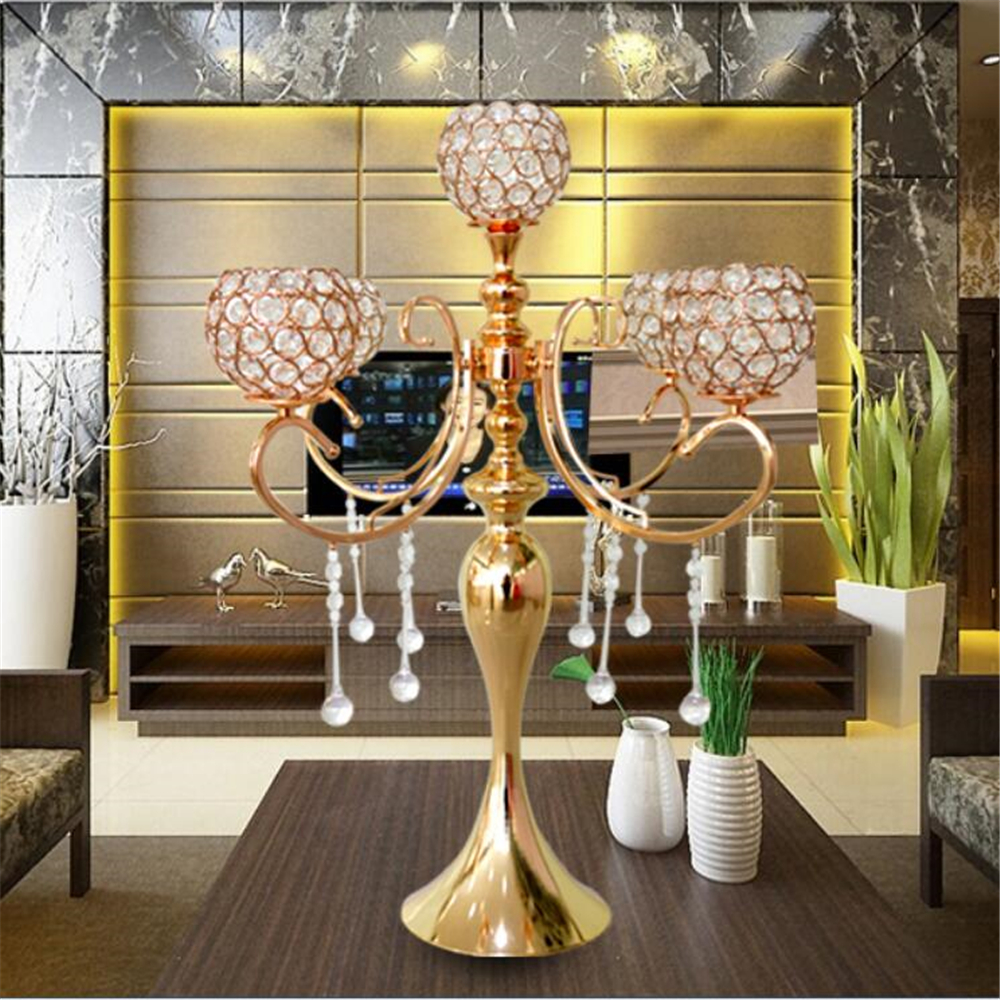 65cm height 5-arms metal Gold candelabras with pendants sumptuous wedding table candle holder home decoration 10 pcs/lot