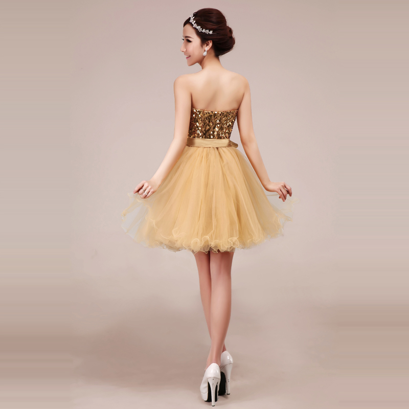 Gold Sequin Tulle Ball Gown Cocktail Dress Short 2016 New Sweetheart Knee Length Party Dress Elegant