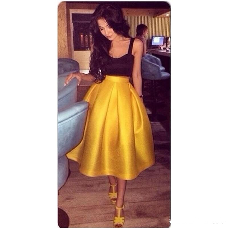 Two piece Ball Gown Prom Dresses Spaghetti Straps Arabic Dubai Draped Satin Black and Yellow Tea Length Evening Party Gowns 2016, Fuchsia
Two piece Ball Gown Prom Dresses Spaghetti Straps Arabic Dubai Draped Satin Black and Yellow Tea Length Evening Party Gowns 2016, Fuchsia