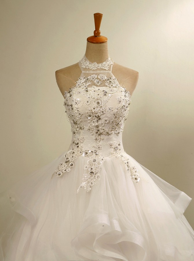 Sheer Halter Neck Organza Ball Gown Wedding Dresses with Appliques Beading Lace-up Real Photo Floor-Length Bridal Gowns Vestidos De Novia