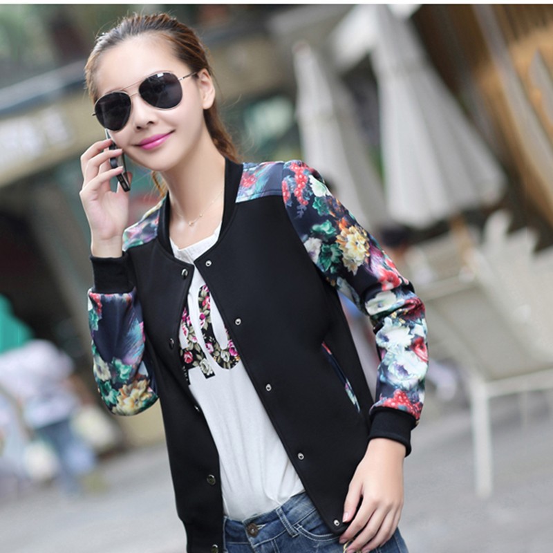 Flower Print Girl Plus Size Casual Baseball high quality Jacket Women Sweatshirts Button Thin Bomber Jacket Long Sleeves Coat