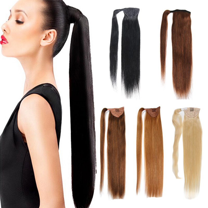 Smooth and silky straight human hair ponytail hairpiece ribbon wrap around drawstring pony tail with clip 100g-160g