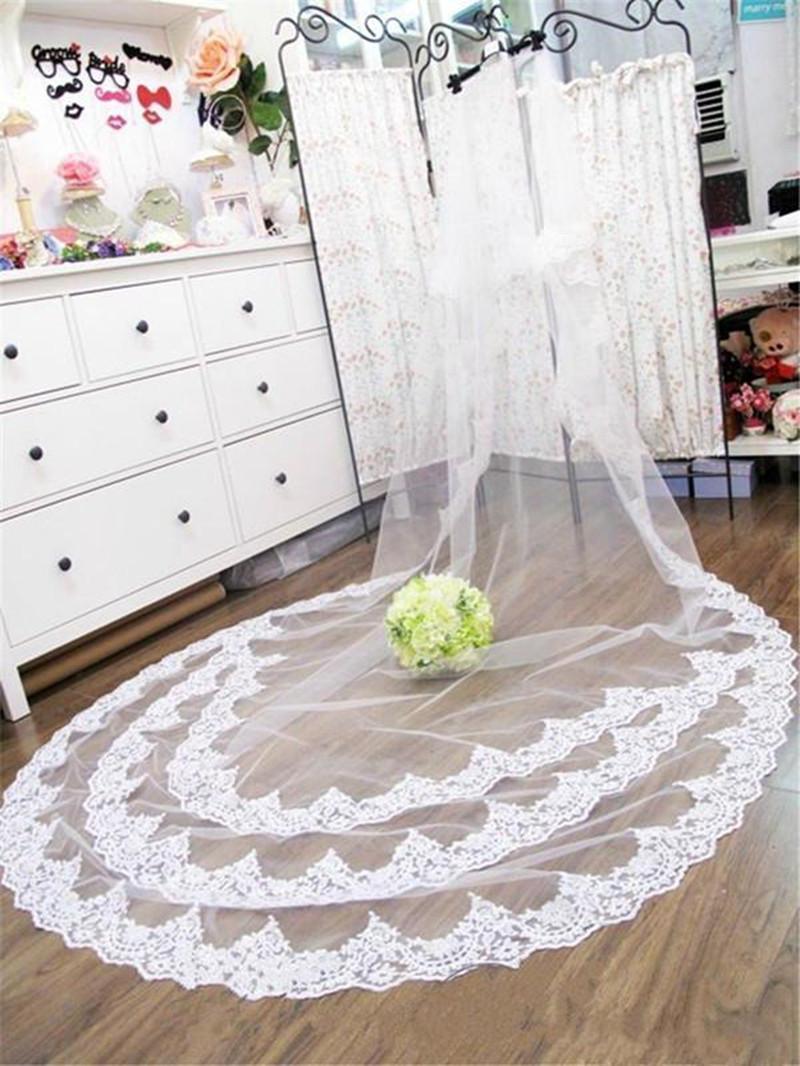 Top Fashion High Quality White Ivory Bridal Wedding Veil Applique Beautiful Wide Lace Edge Applique Cathedral Veils