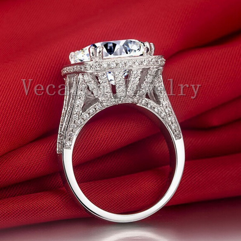 Vecalon Engagement Wedding band Ring for Women Cushion cut 10ct Simulated diamond 192pcs Cz 14KT White Gold Filled Finger ring