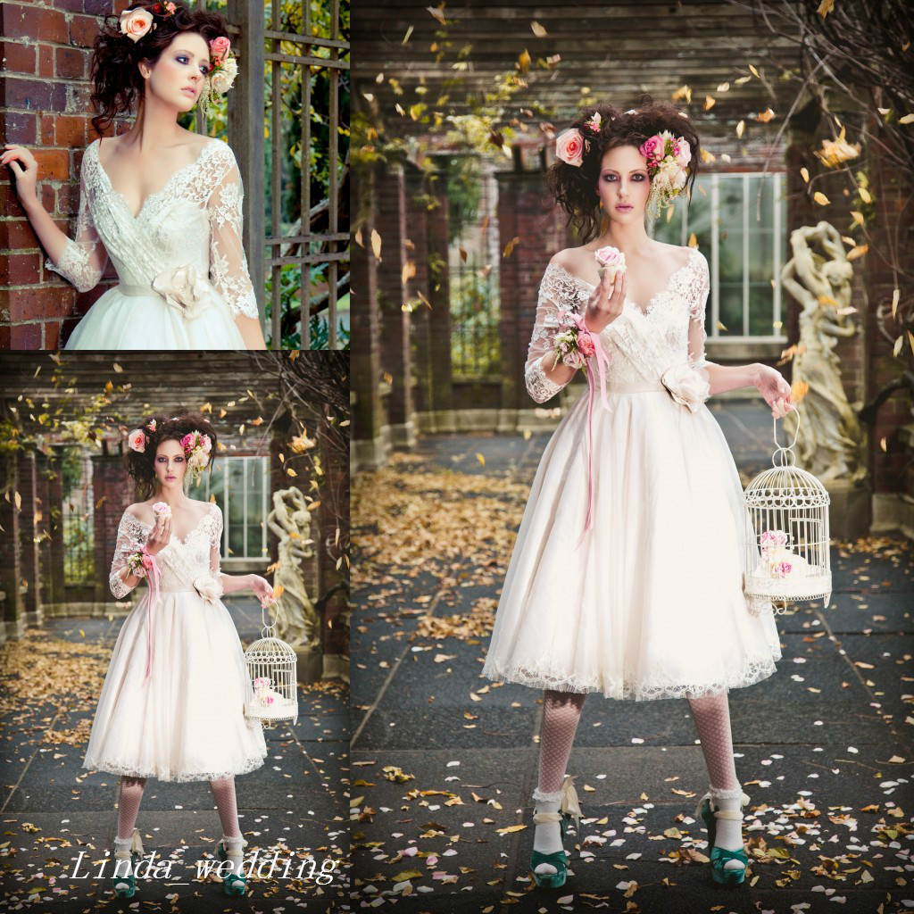 Vintage Tea Length Wedding Dresses With Sleeves Graceful Ivory A Line Lace Reception Wedding Dress Bridal Party Gowns