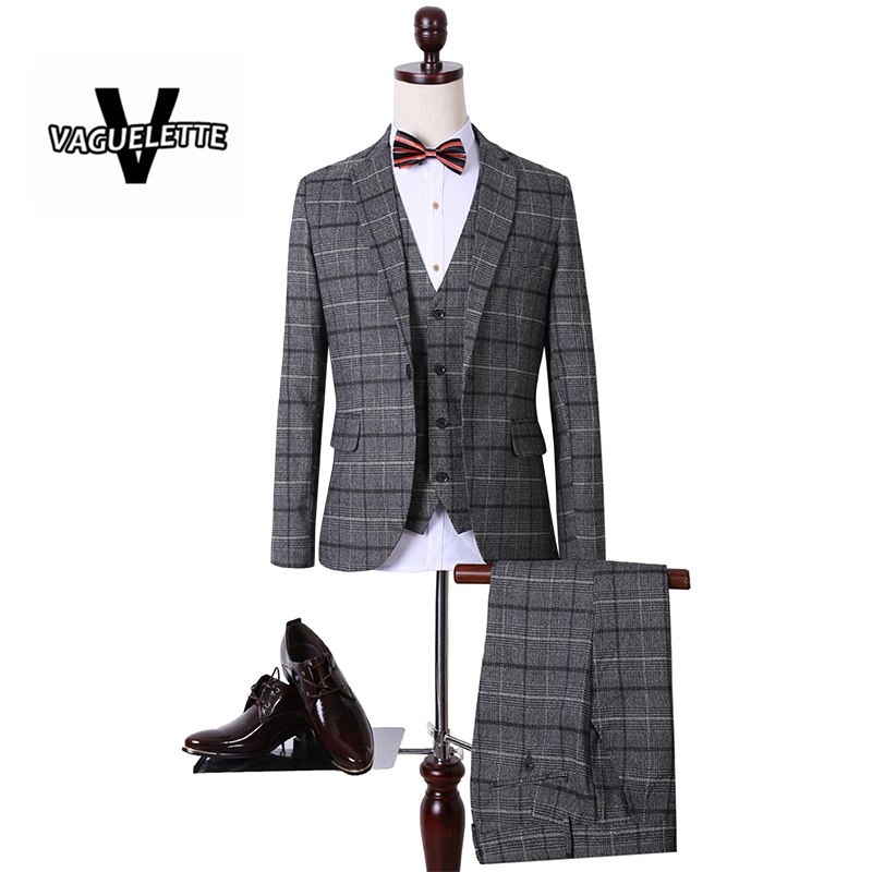 Wholesale-(Blazer+Pants+Vest) Light Luxury Costume Homme Gentlemen Formal Plaid Mens Suit Imported Clothing Wedding Suit For Men M-5XL