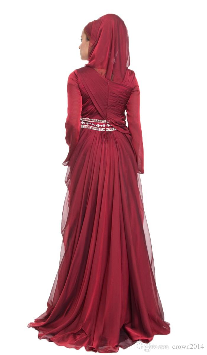 Burgundy Chiffon Formal Long Maxi Lace Appliques Evening Dresses With Hijab Long Sleeve 2022 Beaded Pleated Layered Ruffle Arabic Muslim Dre