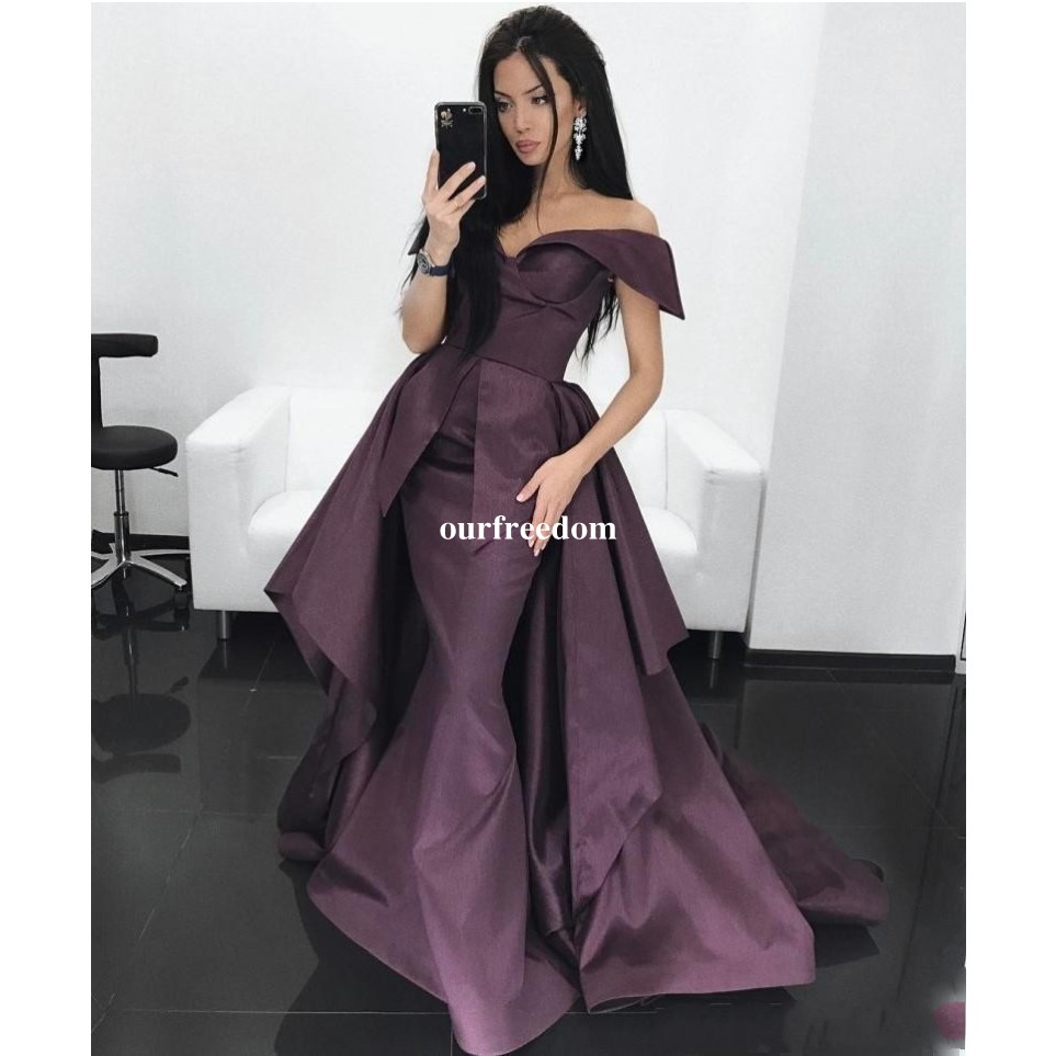 2019 Abaya Off The Shoulder Evening Dresses Grape Taffeta With Detachable Train Formal Occasion Dresses Saudi Arabic Prom Gown Custom Made, Champagne