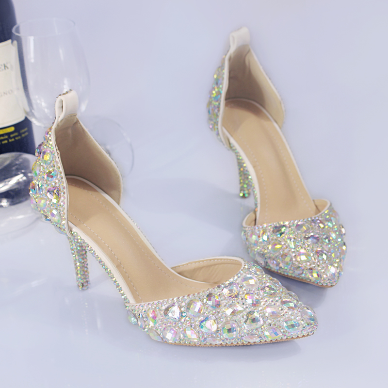 Fashion Crystals Silver Wedding Shoes 3 inch Mid Heel Rhinestone Bridal Shoes with Toe Strap Party Prom Shoes for Women Free Shipping