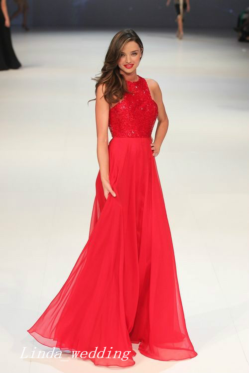 Fashion Miranda Kerr Runway Red Sequins Chiffon Evening Dress Long Prom Dres Celebrity Dress Formal Party Gown