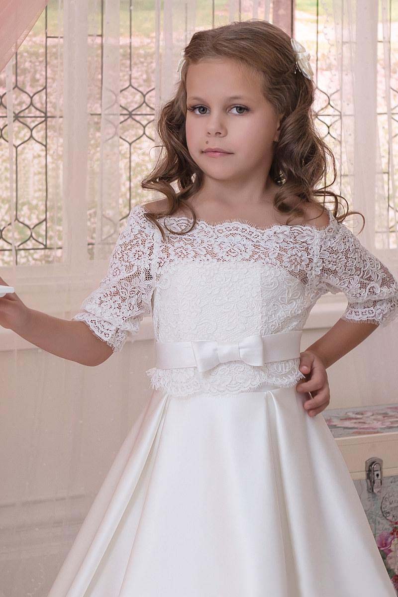 Latest 2019 Formal Flower Girl Dresses For Wedding with Half Sleeves Lace Jacket Strapless A Line Ivory Satin Children Dresses with Bow Sash