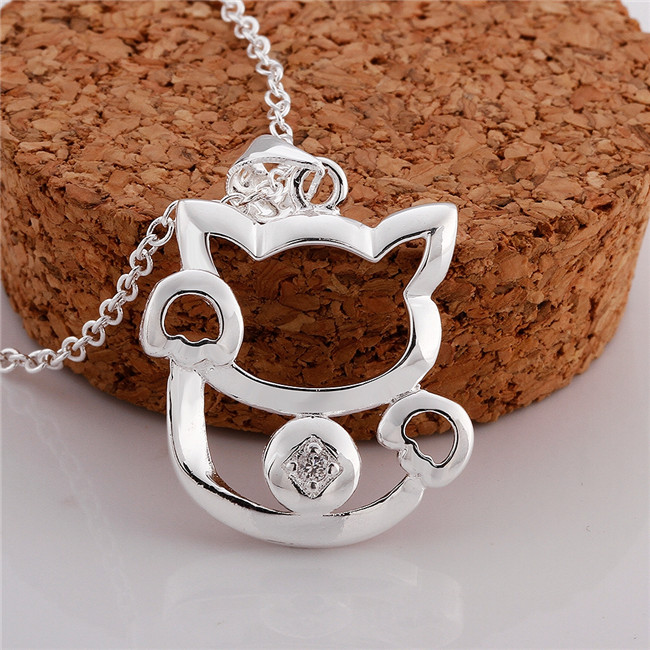 Christmas gift Cat shape pendant necklace white gemstone sterling silver plated necklace STSN591,fashion 925 silver necklace factory direct