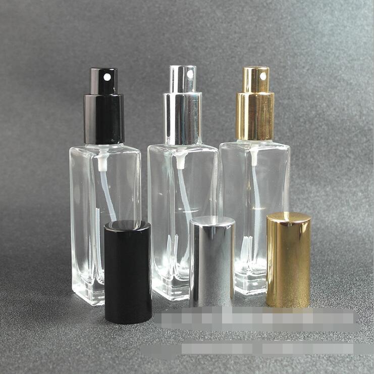 30ML Empty Clear Glass Perfume Spray Bottle 1Oz Refillable Square Atomizer with Black Gold Black Pump Cap