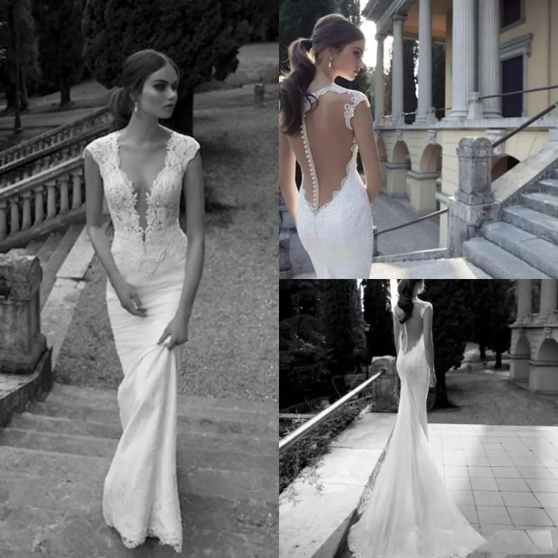 Elegant Mermaid Wedding Dresses Berta Lace Appliques V Neckline Cap Sleeveless Bridal Gowns Custom Made Sexy Back Wedding Dresses