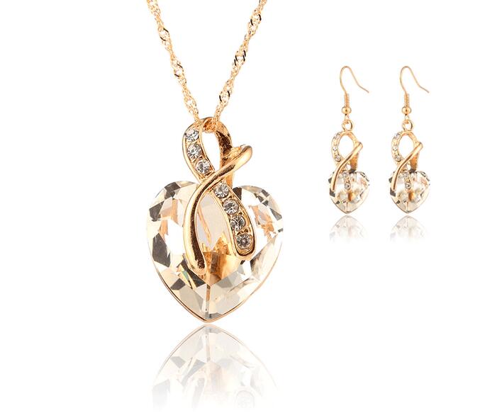Gold Plated Jewelry Sets For Women Crystal Heart Necklace Earrings Jewellery Set Bridal Wedding Accessories 2016 HJIA849