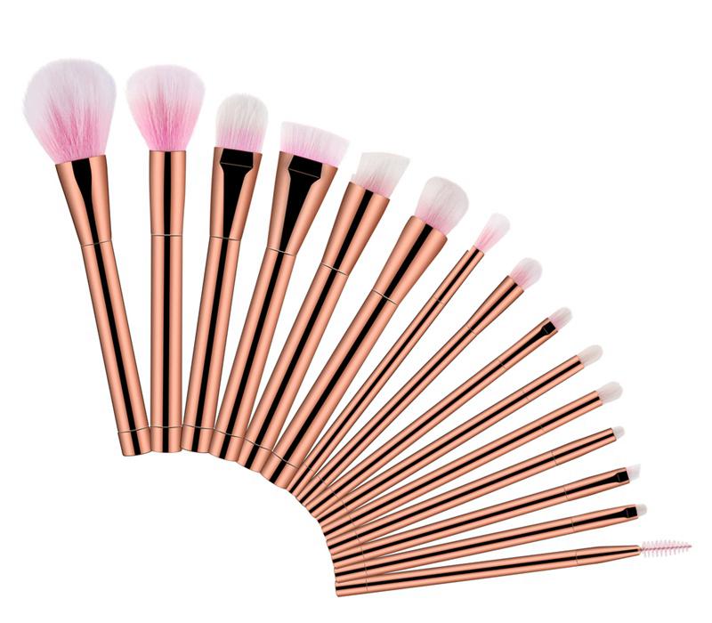15 pcs set makeup brush, white brush with green handle, pink brush with gold handle, purple brush with black handle, 100 pcs/lot