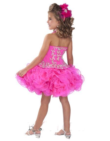 Organza Glitz Halter Girl's Pageant with Flowers Princess Backless Short Mini Crystal Ball Gowns Cup Cake Kid Dresses RGB212