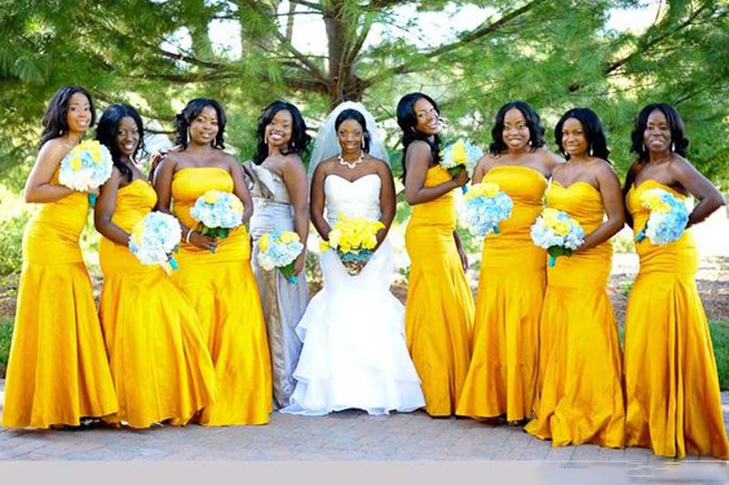 Cheery Nigerian BellaNaija Bridedmaid dresses Weddings shiny gold-like yellow Mermaid Sexy confess Long Bridesmaid Dress Cheap