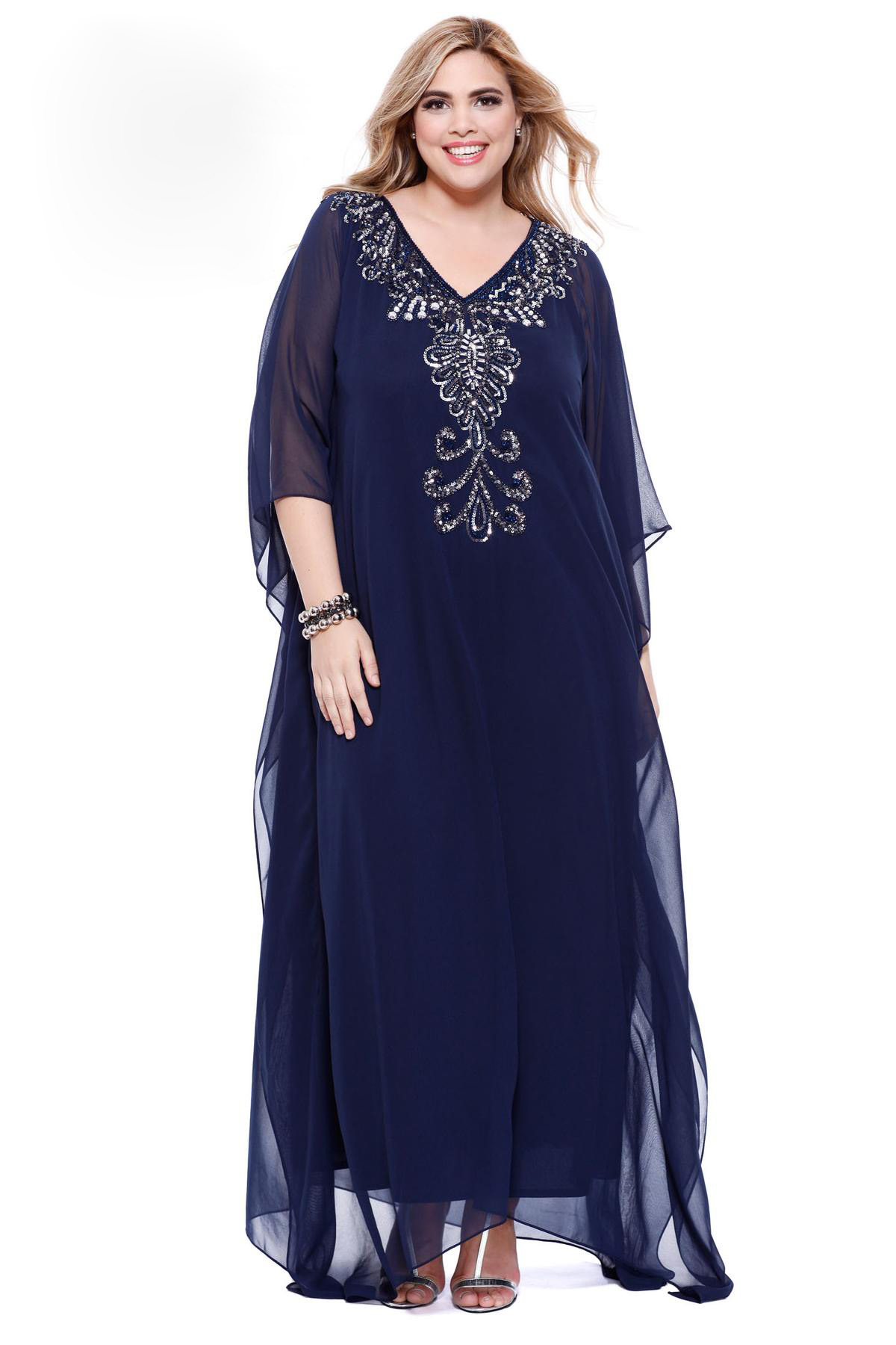 Elegant Beaded Plus Size Special Occasion Dresses Long Sleeve Prom Gowns V Neck Shail Kusa Formal Dress