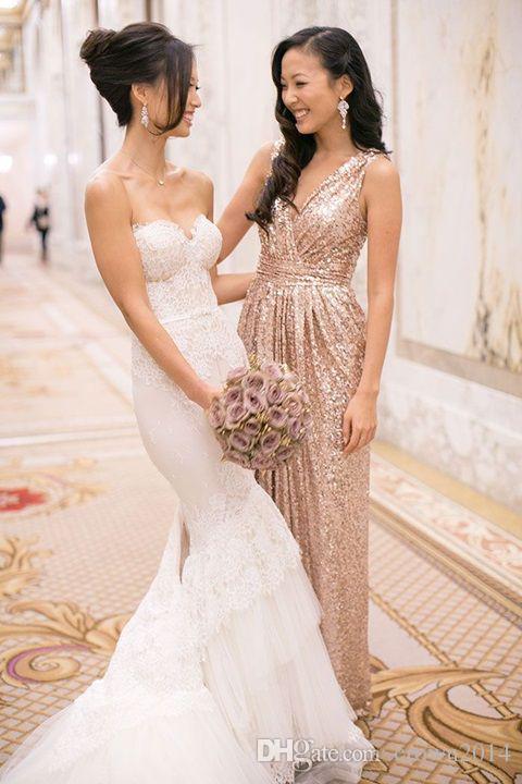 2022 Bling Rose Gold Sequins Bridesmaid Dresses Plus Size Sexy V neck A Line Wedding Party Dress Pageant Formal Bridesmaids Gowns Custom