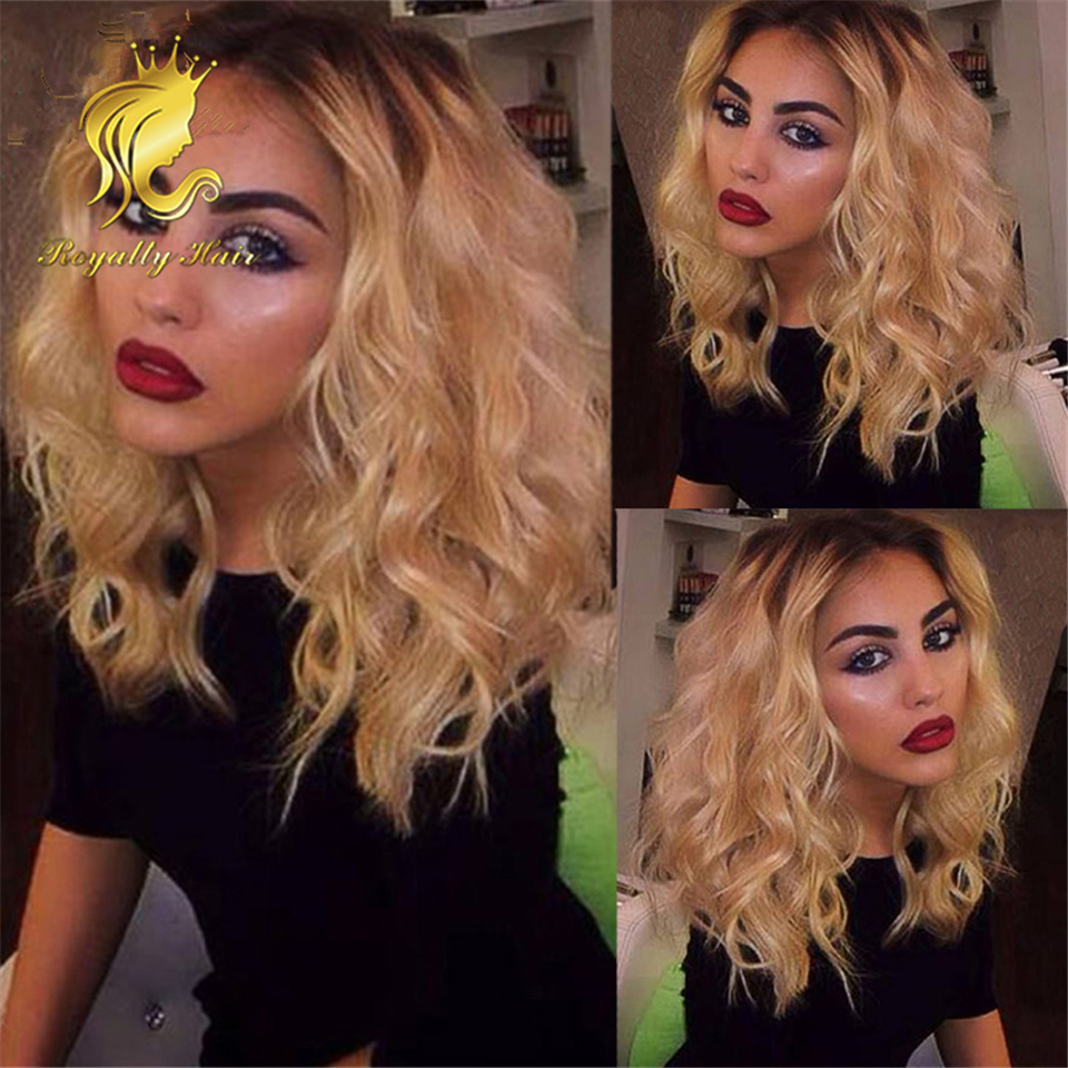 Glueless Blonde Bob #1b/613 Ombre brazilian human hair wig with bangs wavy lace front wigs hair bleached knots